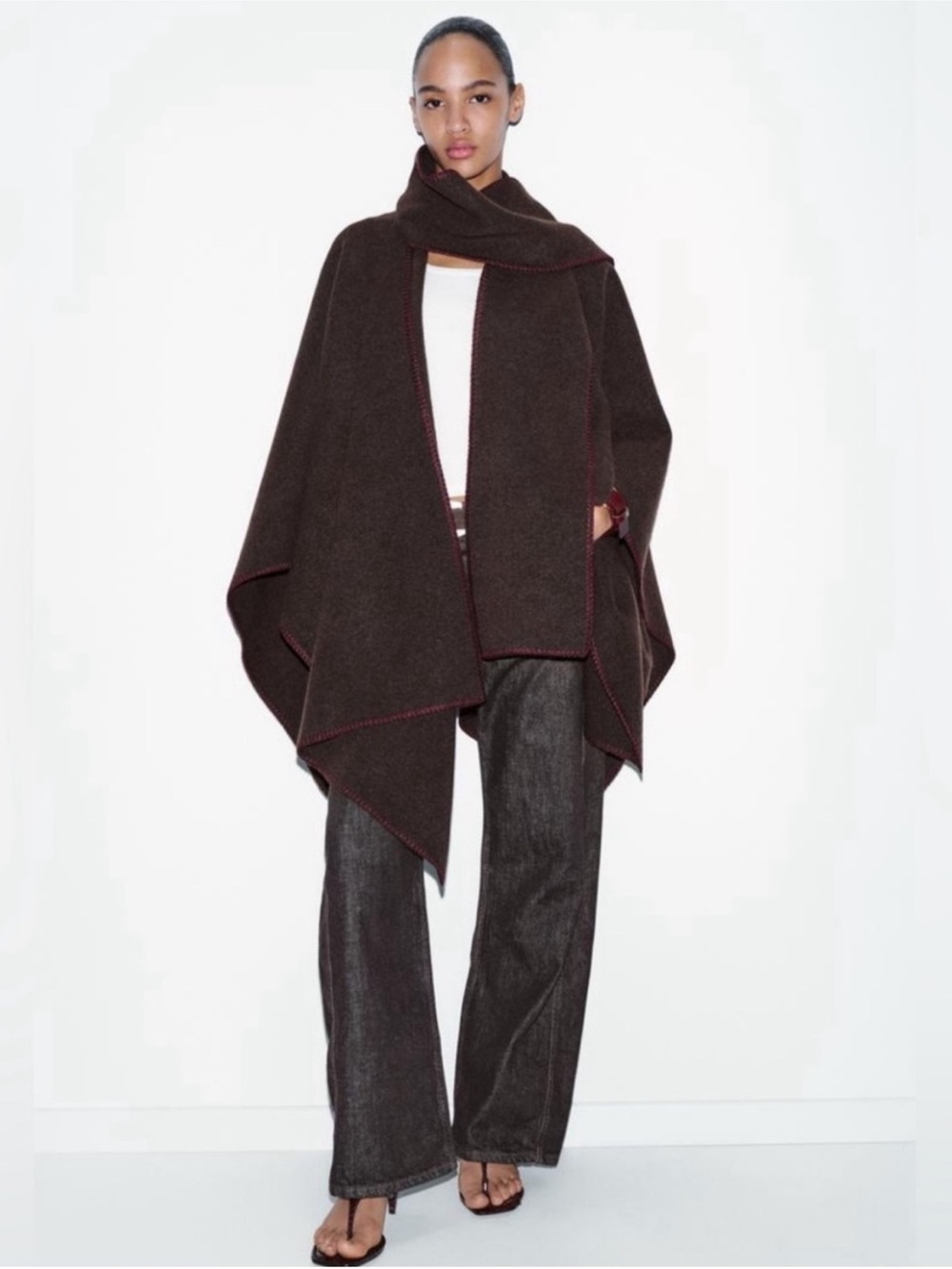 NEW. Zara Knit Cape With Scarf Contrast Stitching. NWT
